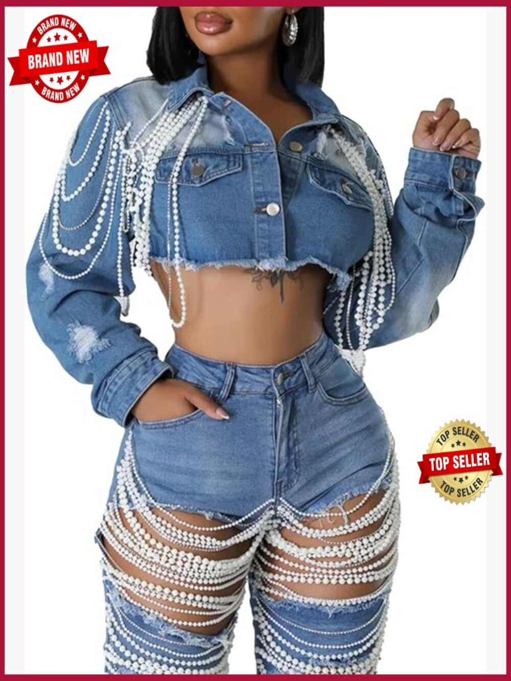 Cropped Denim Jacket Long Sleeve Pearl Distressed Jean Coat Top